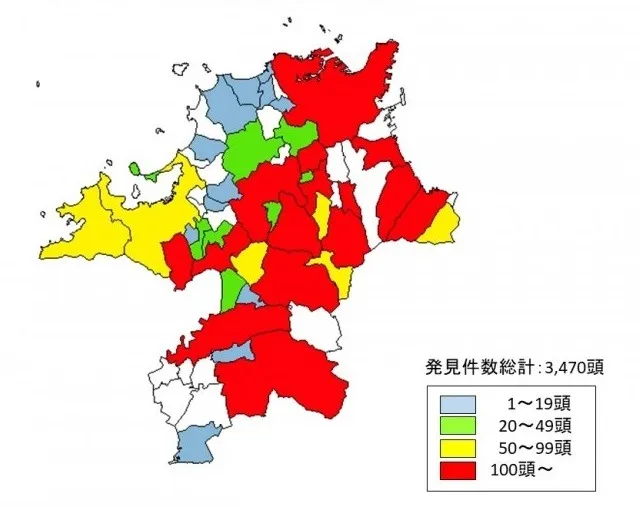 2022年度におけるアライグマの発見件数の図