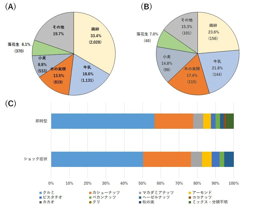 図2．即時型アレルギー原因食物の割合（A）とショック症状アレルギー原因食物の割合（B）及び木の実類による即時型及びショック症状を呈した原因食品の割合（C） 「令和3年度 食物アレルギーに関連する食品表示に関する調査研究事業報告書」
