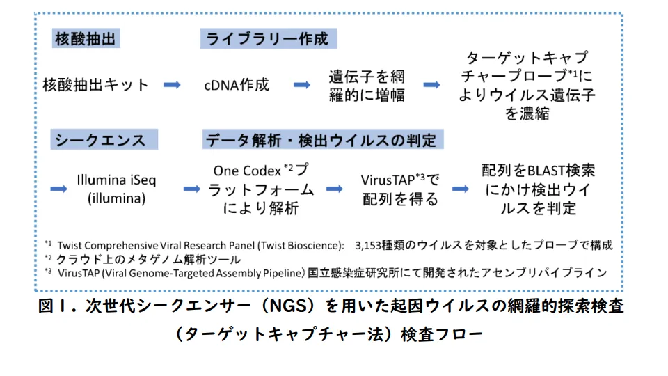 図1.次世代シークエンサー（NGS）を用いた起因ウイルスの網羅的探索検査 （ターゲットキャプチャー法）検査フロー