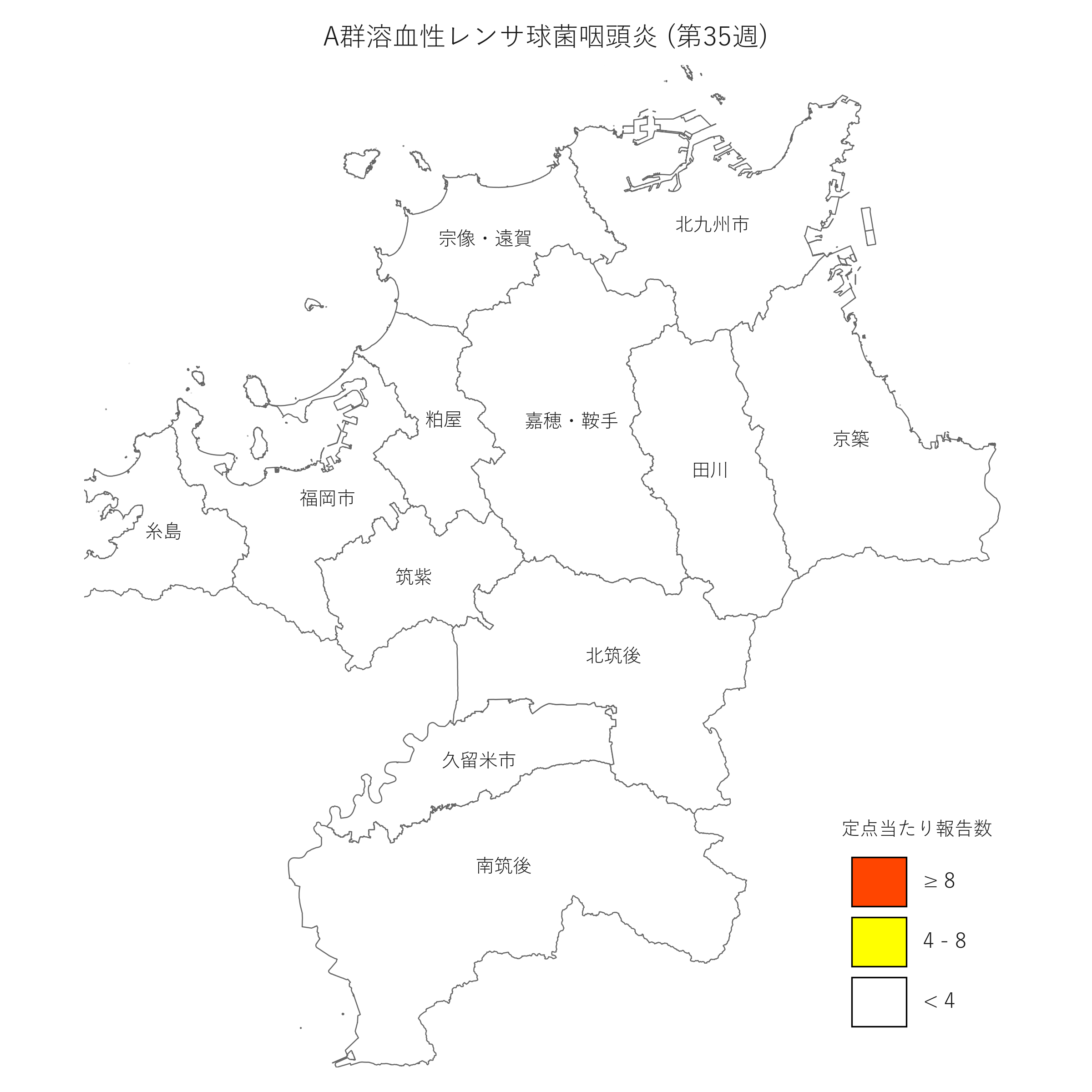 感染症流行レベルマップＡ群溶血性レンサ球菌咽頭炎最新週の図