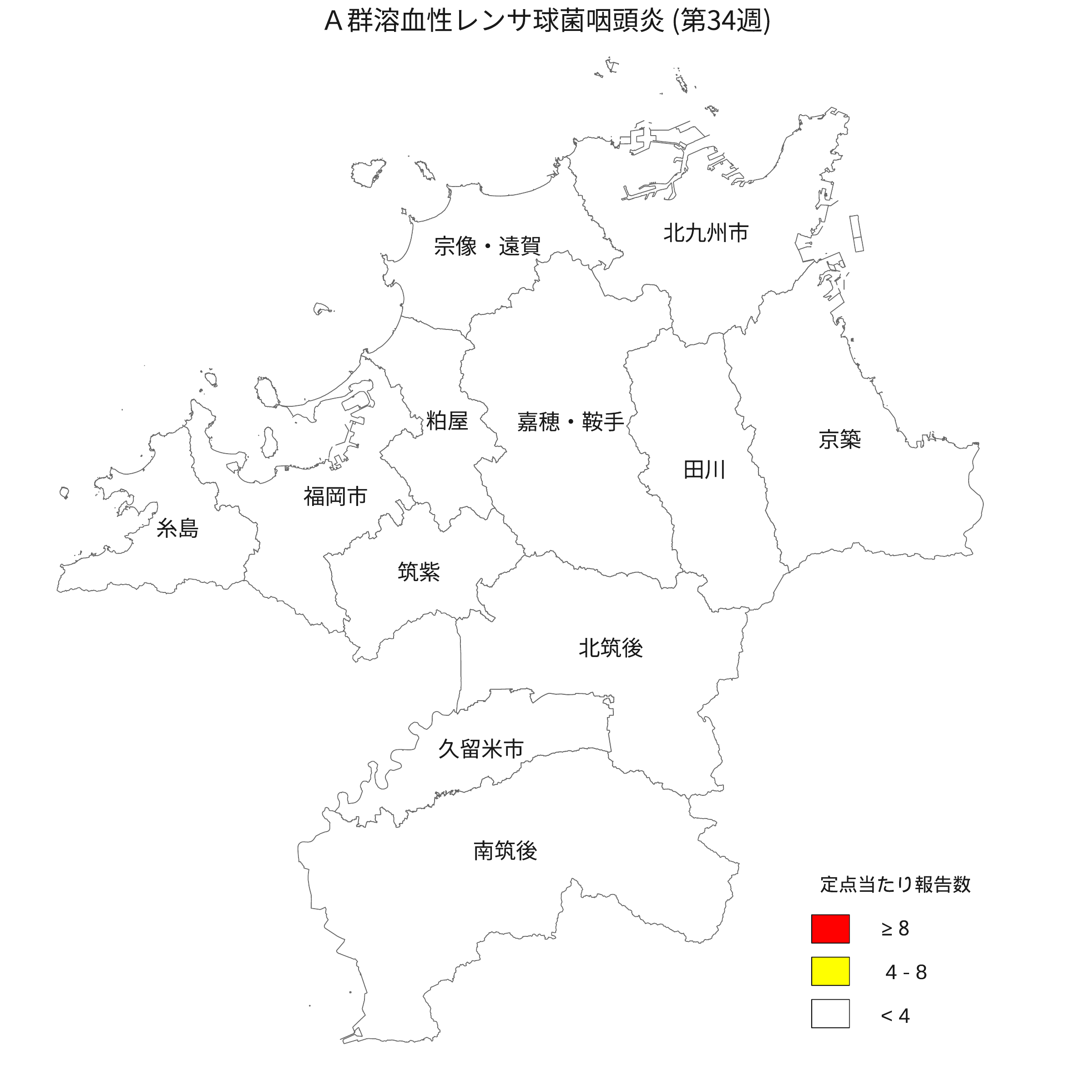 感染症流行レベルマップＡ群溶血性レンサ球菌咽頭炎一週間前の図